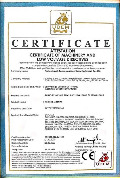 China Foshan Sayok Intelligent Machinery Co., Ltd.， certificaten